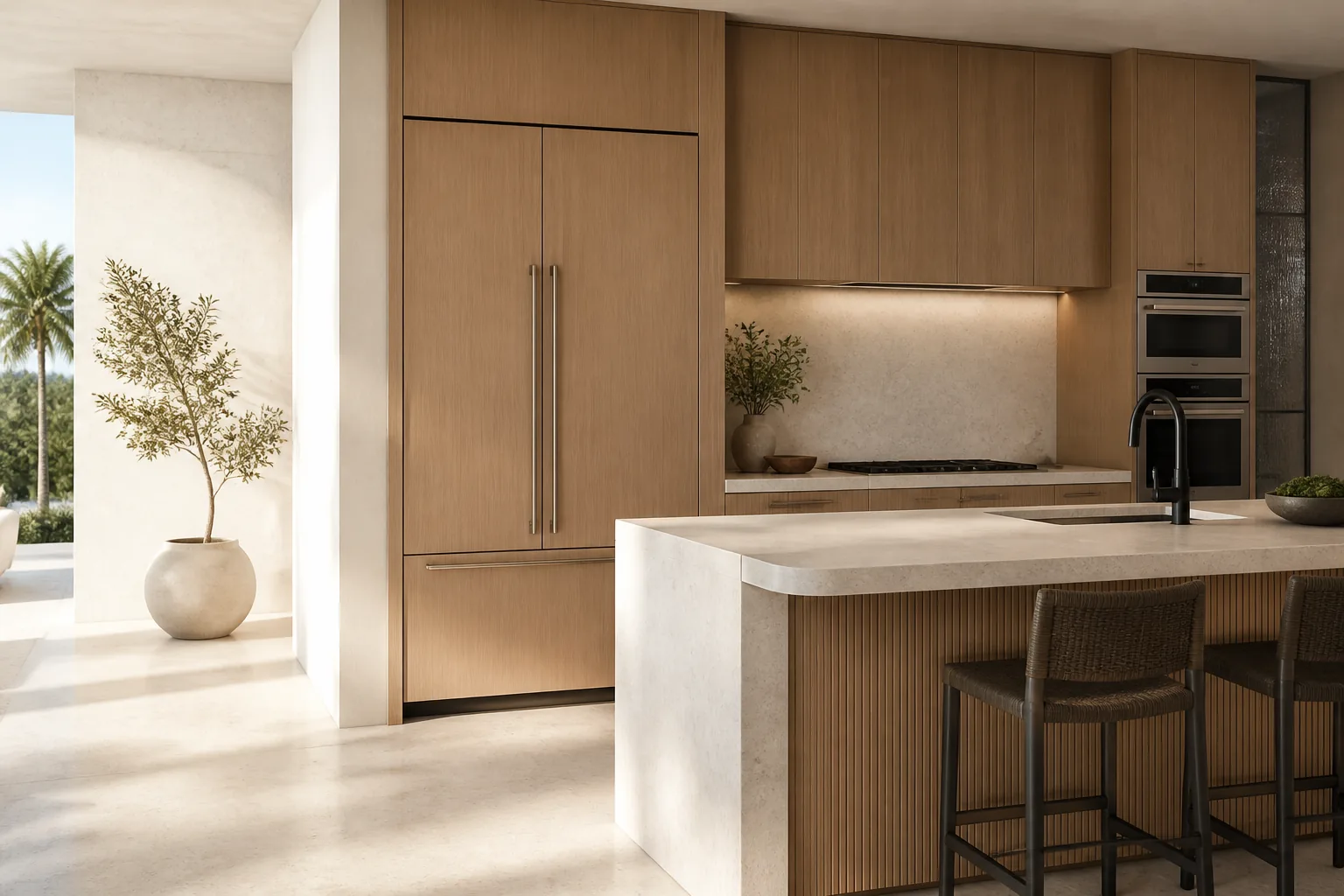 Warm contemporary kitchen with integrated cabinetry and stone island
