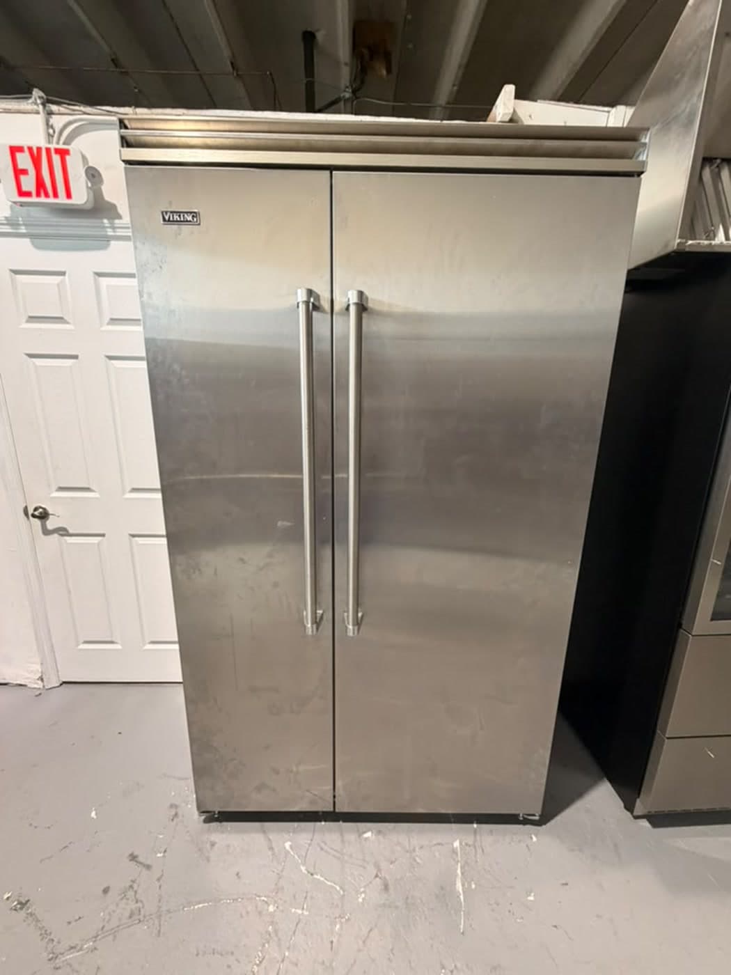 Actual viking 48-inch side-by-side refrigerator photographed in Oakland Park — front exterior of the actual unit