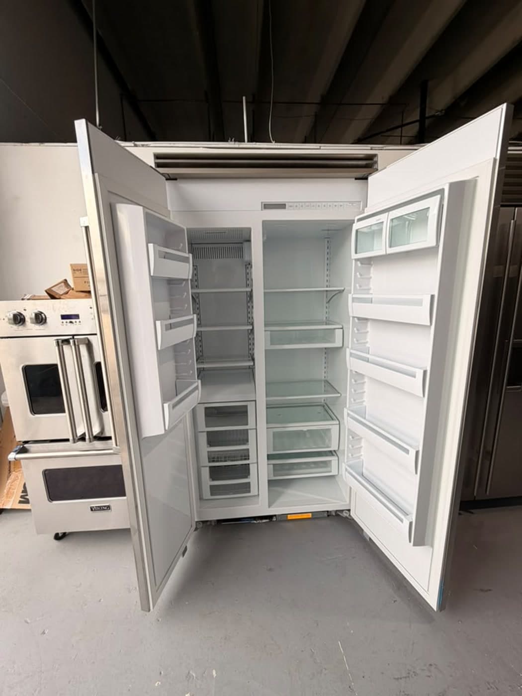 Actual viking 42-inch side-by-side refrigerator photographed in Oakland Park — actual unit · both doors open