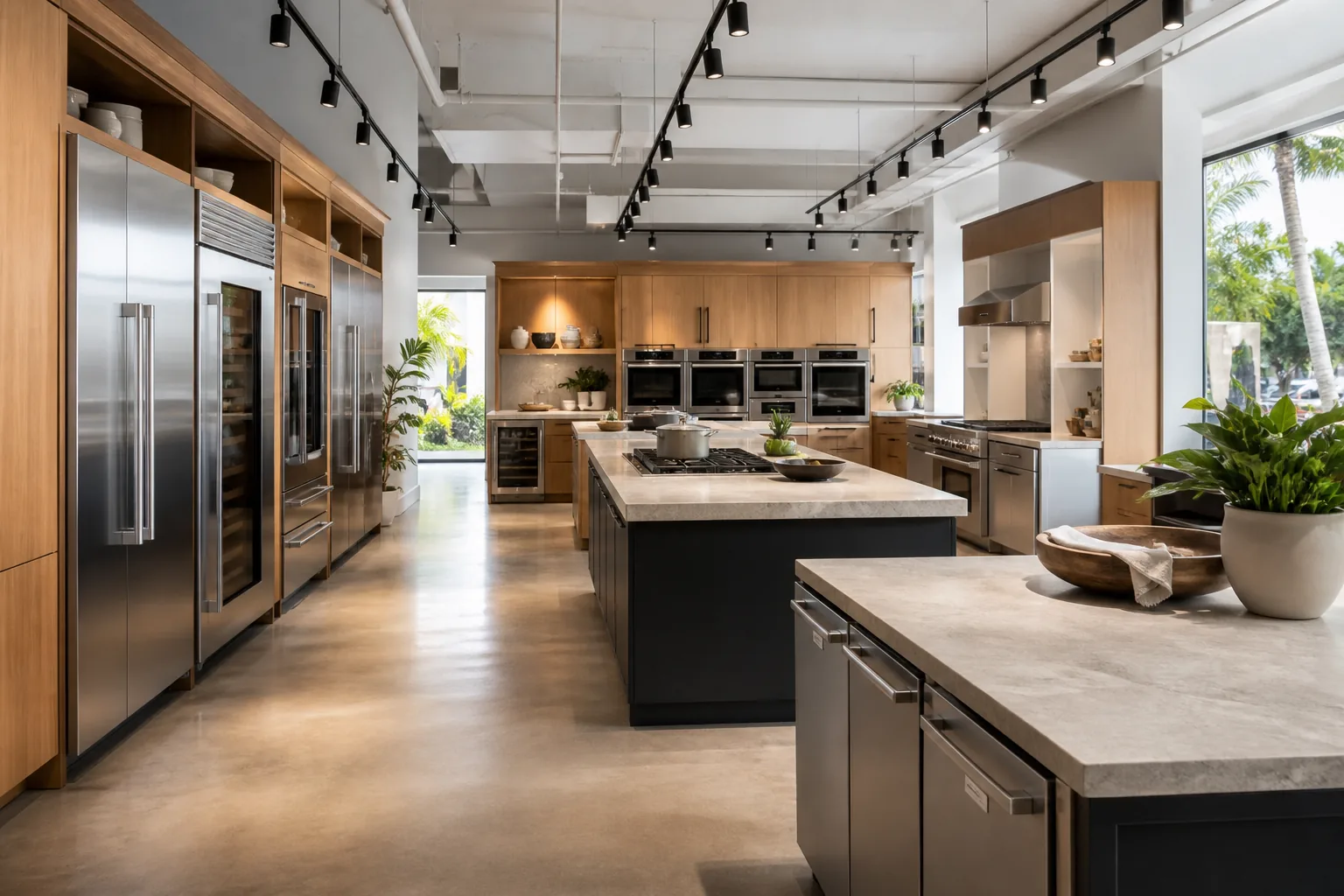 Editorial visualization of a refined premium appliance showroom